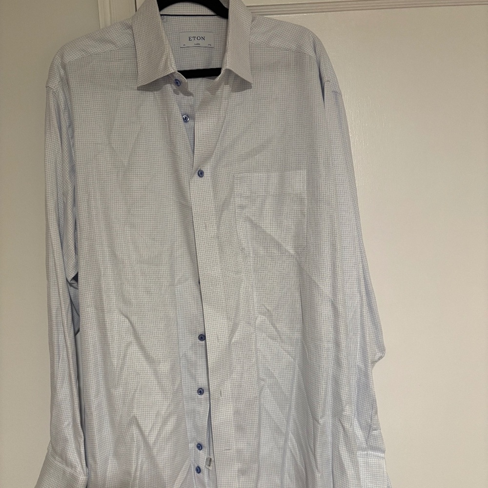 Eton Classic Fit Signature Twill Button Down in Blue Check- 45, 17 3/4